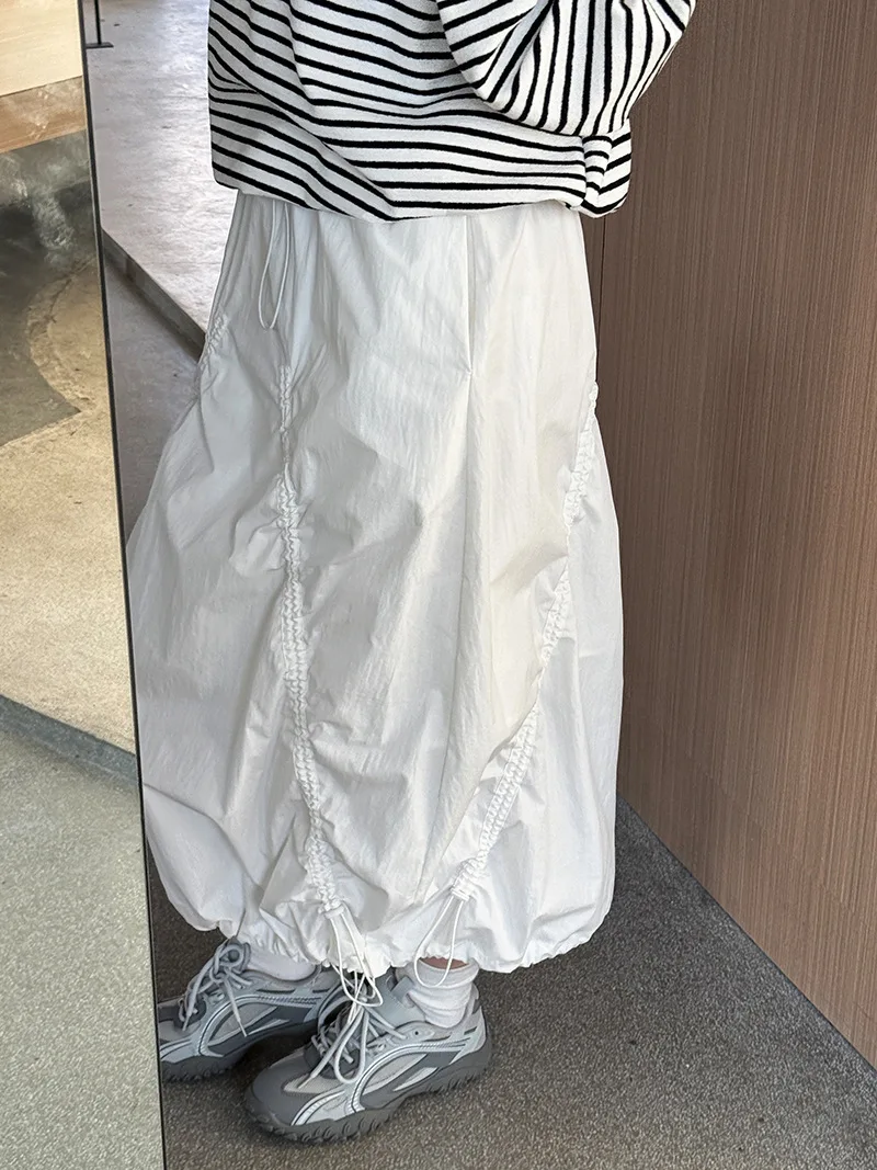 LANMREM Women Skirt 2025 New Fashion Elastic Waist Drawstring Army Green Color Loose A Line Skirts Office Lady Clothes 2DC1434