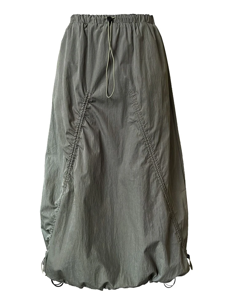 LANMREM Women Skirt 2025 New Fashion Elastic Waist Drawstring Army Green Color Loose A Line Skirts Office Lady Clothes 2DC1434