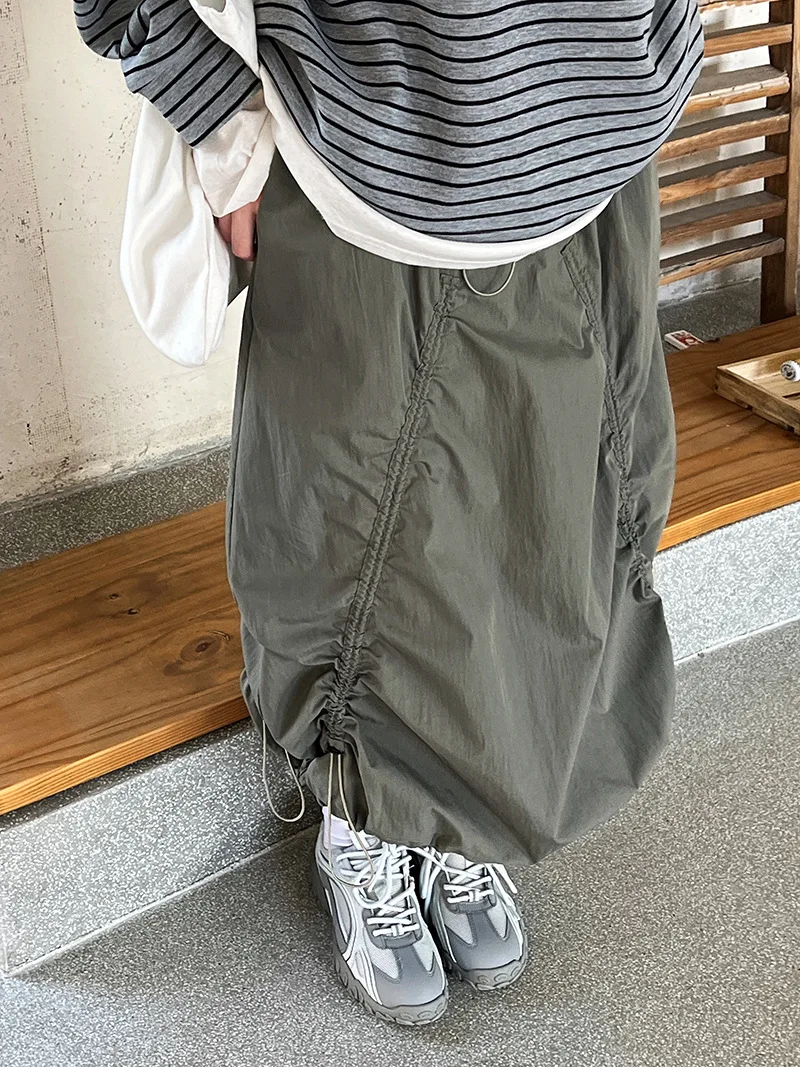 LANMREM Women Skirt 2025 New Fashion Elastic Waist Drawstring Army Green Color Loose A Line Skirts Office Lady Clothes 2DC1434