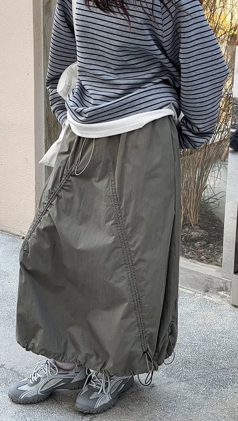 LANMREM Women Skirt 2025 New Fashion Elastic Waist Drawstring Army Green Color Loose A Line Skirts Office Lady Clothes 2DC1434