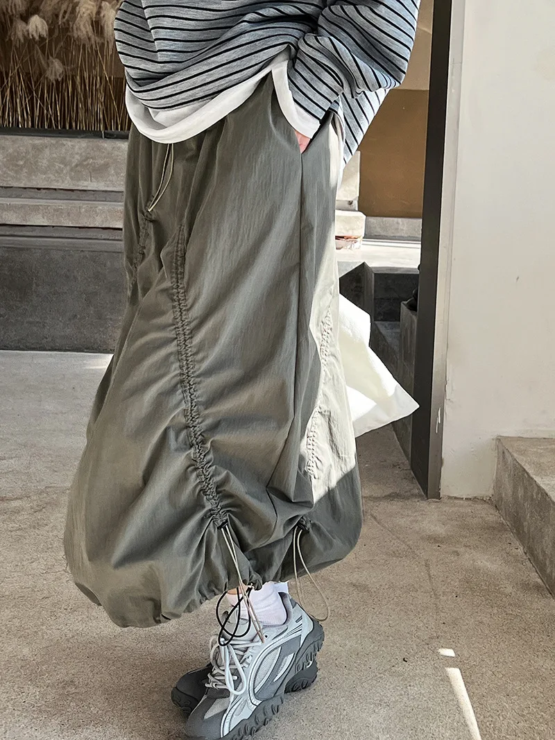 LANMREM Women Skirt 2025 New Fashion Elastic Waist Drawstring Army Green Color Loose A Line Skirts Office Lady Clothes 2DC1434