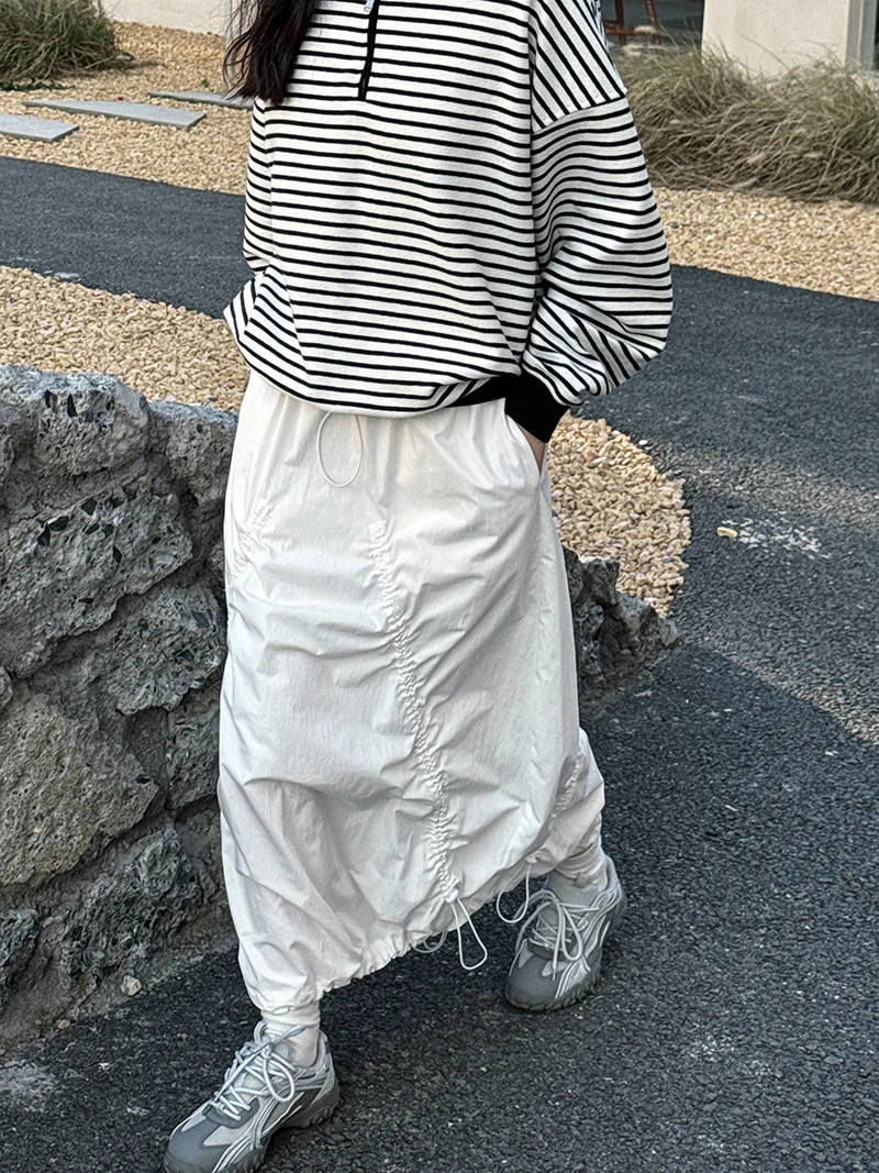 LANMREM Women Skirt 2025 New Fashion Elastic Waist Drawstring Army Green Color Loose A Line Skirts Office Lady Clothes 2DC1434