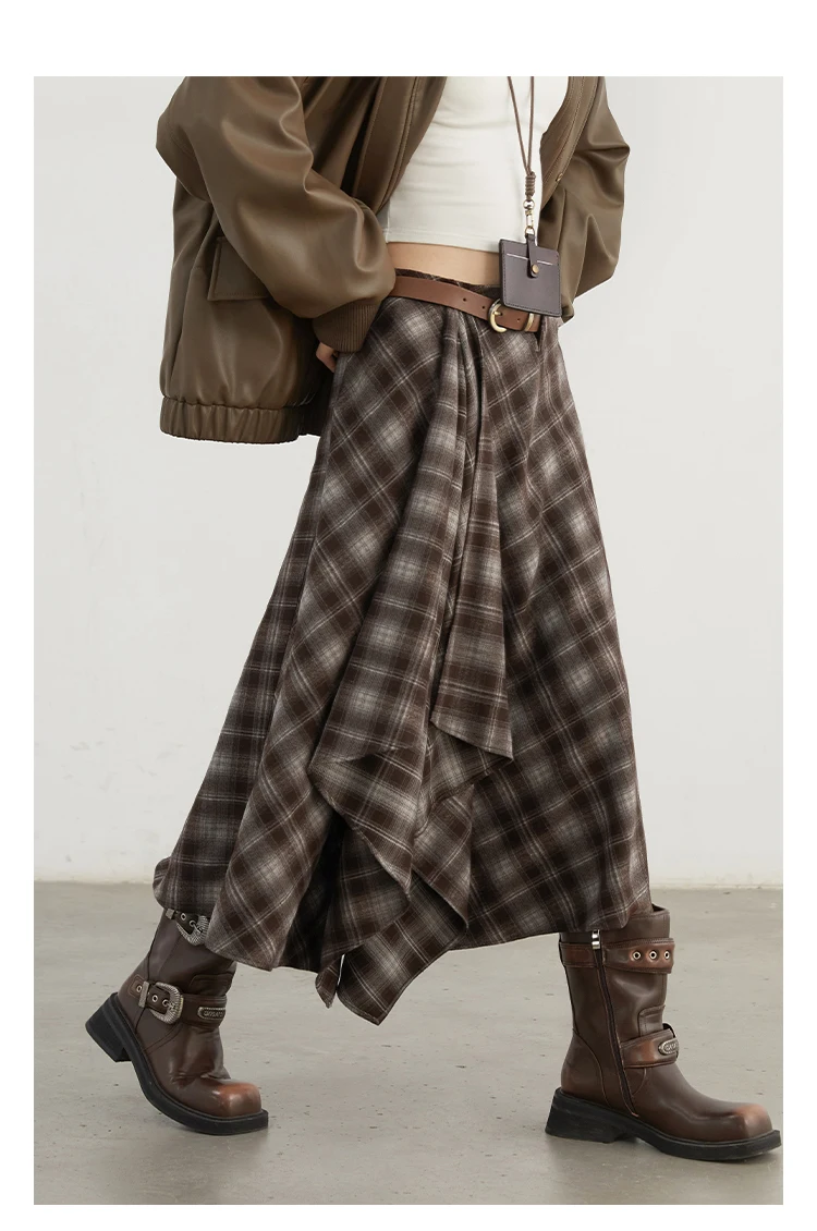 CHIC VEN Women Skirts A Line Retro Loose High Waist Irregular Color Plaid Frosted Half Body Long Ladies Skirt Autumn Winter 2026