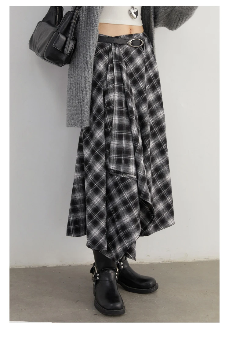 CHIC VEN Women Skirts A Line Retro Loose High Waist Irregular Color Plaid Frosted Half Body Long Ladies Skirt Autumn Winter 2026