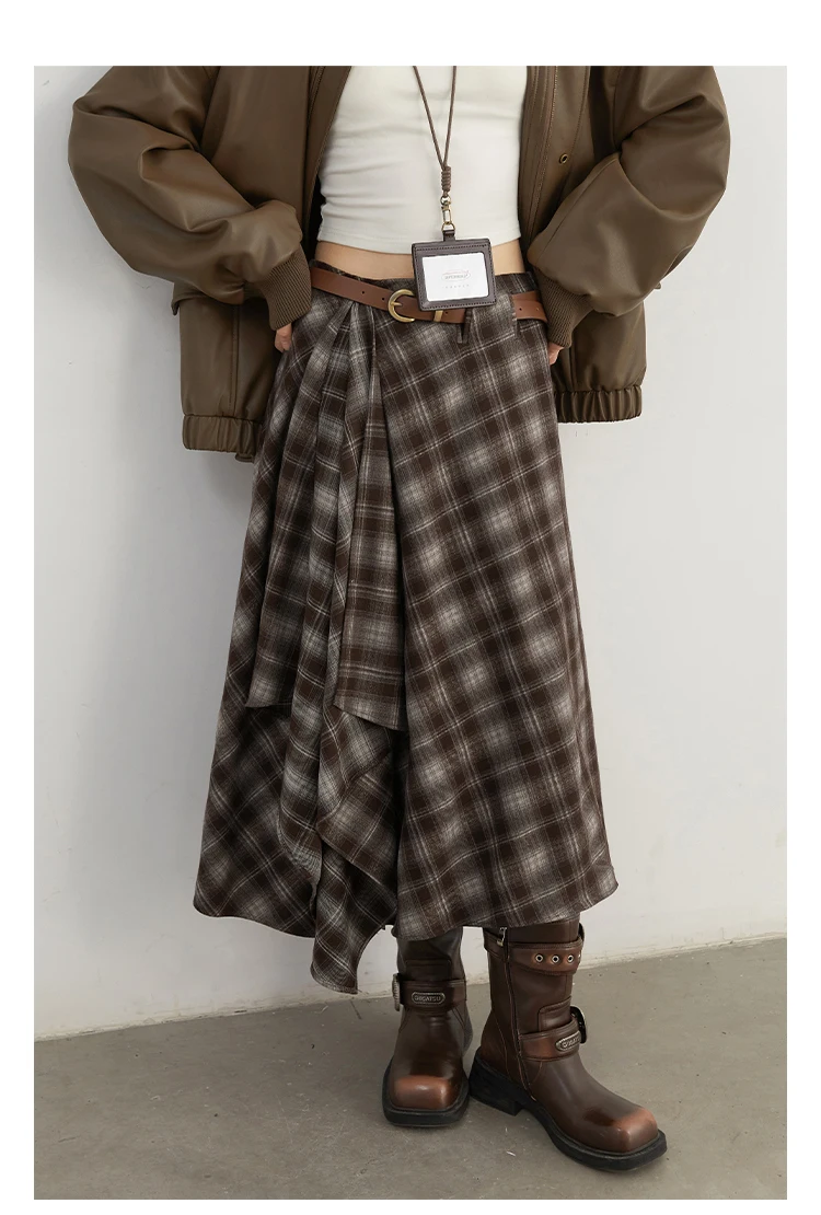 CHIC VEN Women Skirts A Line Retro Loose High Waist Irregular Color Plaid Frosted Half Body Long Ladies Skirt Autumn Winter 2026