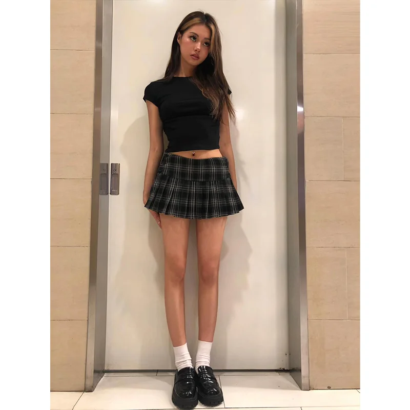 Zoki Y2K Plaid Pleated Skirts Women Harajuku Low Waist Sexy Mini Skirt Retro American Gothic Streetwear Casual Lady Slim Skirt