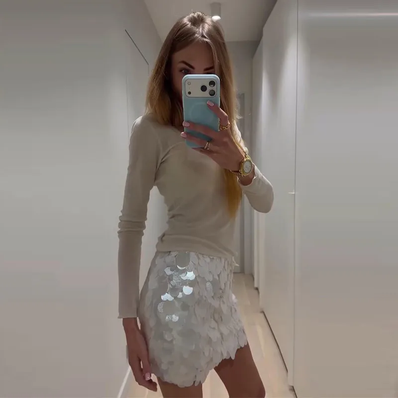 Women Dress Large Sequin Mini Skirt High Waisted Bodycon Sparkly Party Clubwear Fashion Bottoms Night Spring Summer Skirt Ladies
