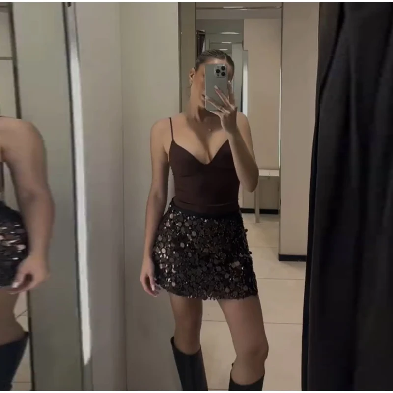 Women Dress Large Sequin Mini Skirt High Waisted Bodycon Sparkly Party Clubwear Fashion Bottoms Night Spring Summer Skirt Ladies