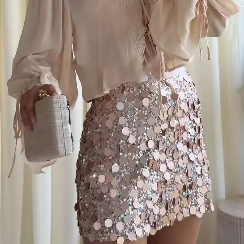 Women Dress Large Sequin Mini Skirt High Waisted Bodycon Sparkly Party Clubwear Fashion Bottoms Night Spring Summer Skirt Ladies