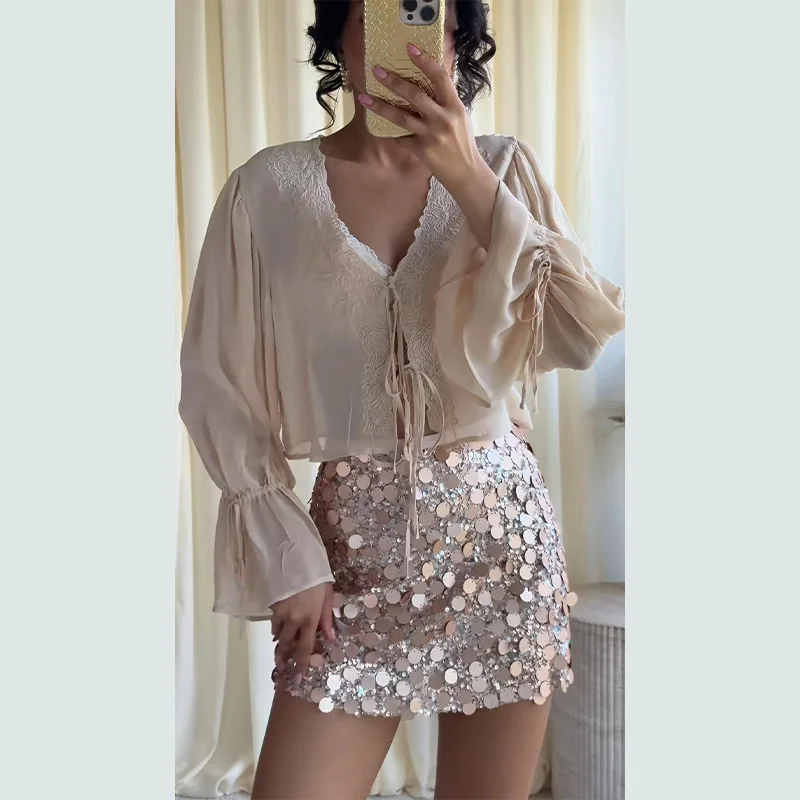 Women Dress Large Sequin Mini Skirt High Waisted Bodycon Sparkly Party Clubwear Fashion Bottoms Night Spring Summer Skirt Ladies