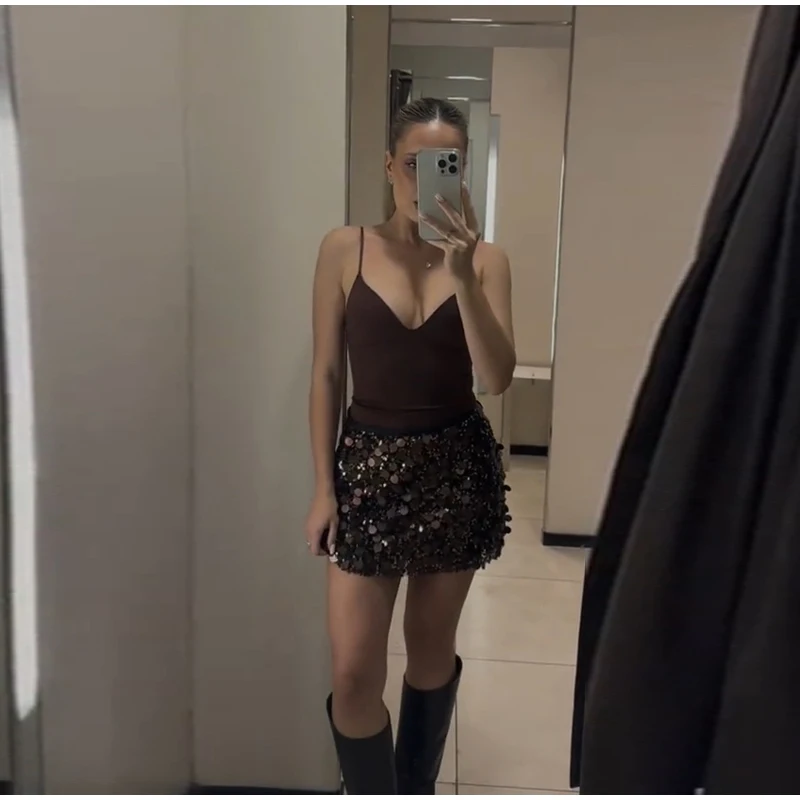 Women Dress Large Sequin Mini Skirt High Waisted Bodycon Sparkly Party Clubwear Fashion Bottoms Night Spring Summer Skirt Ladies
