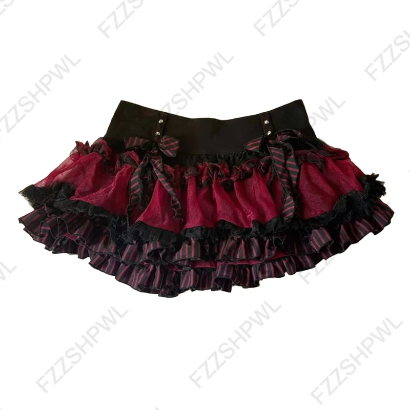 Lolita Gothic Emo Aesthetics Womens Mini Skirt Sexy Slim Chic Bow Jerky Layered Tiered Skirts Harajuku Cute Trendy Gyaru Bottoms