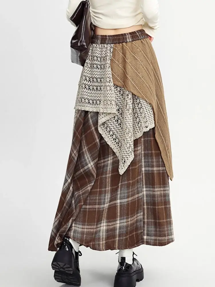 Y2k Skirts Women Clothing 2025 Faldas Mujer De Moda Contrast Color A-line Jupe Fashion Korean Saia Lace Plaid Casual Long Skirt