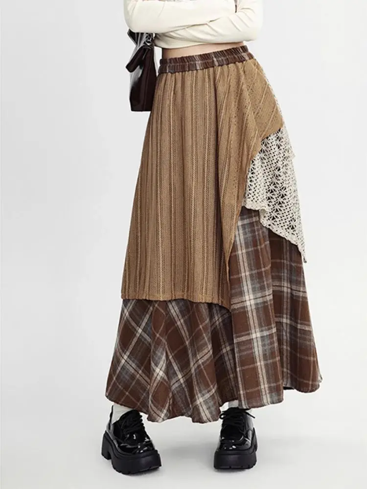 Y2k Skirts Women Clothing 2025 Faldas Mujer De Moda Contrast Color A-line Jupe Fashion Korean Saia Lace Plaid Casual Long Skirt