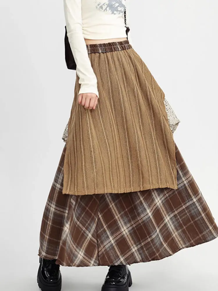 Y2k Skirts Women Clothing 2025 Faldas Mujer De Moda Contrast Color A-line Jupe Fashion Korean Saia Lace Plaid Casual Long Skirt