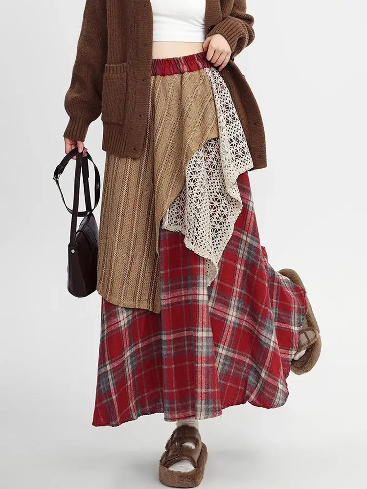Y2k Skirts Women Clothing 2025 Faldas Mujer De Moda Contrast Color A-line Jupe Fashion Korean Saia Lace Plaid Casual Long Skirt