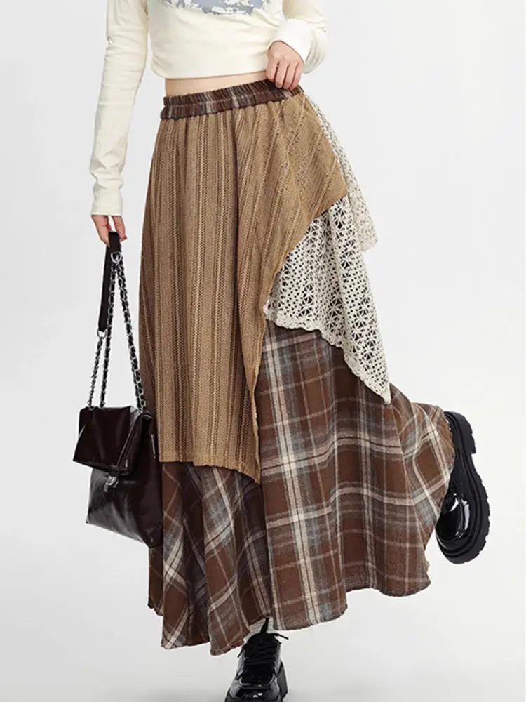 Y2k Skirts Women Clothing 2025 Faldas Mujer De Moda Contrast Color A-line Jupe Fashion Korean Saia Lace Plaid Casual Long Skirt
