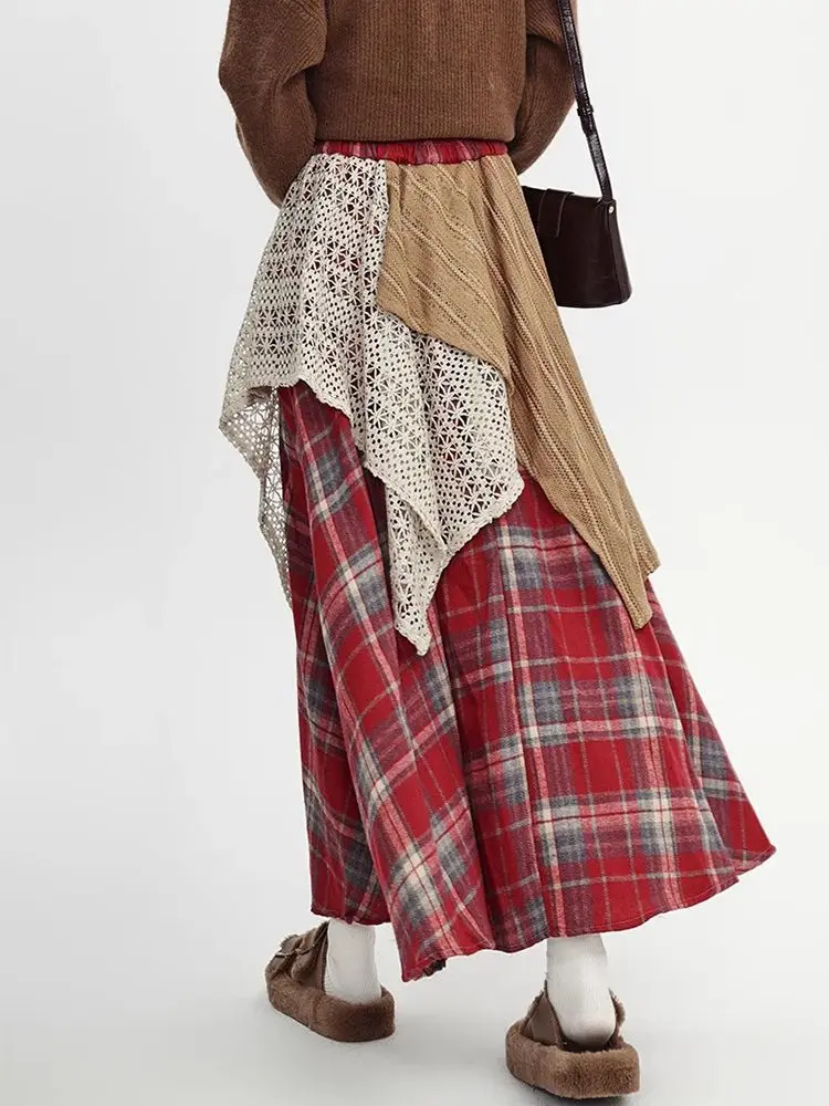 Y2k Skirts Women Clothing 2025 Faldas Mujer De Moda Contrast Color A-line Jupe Fashion Korean Saia Lace Plaid Casual Long Skirt