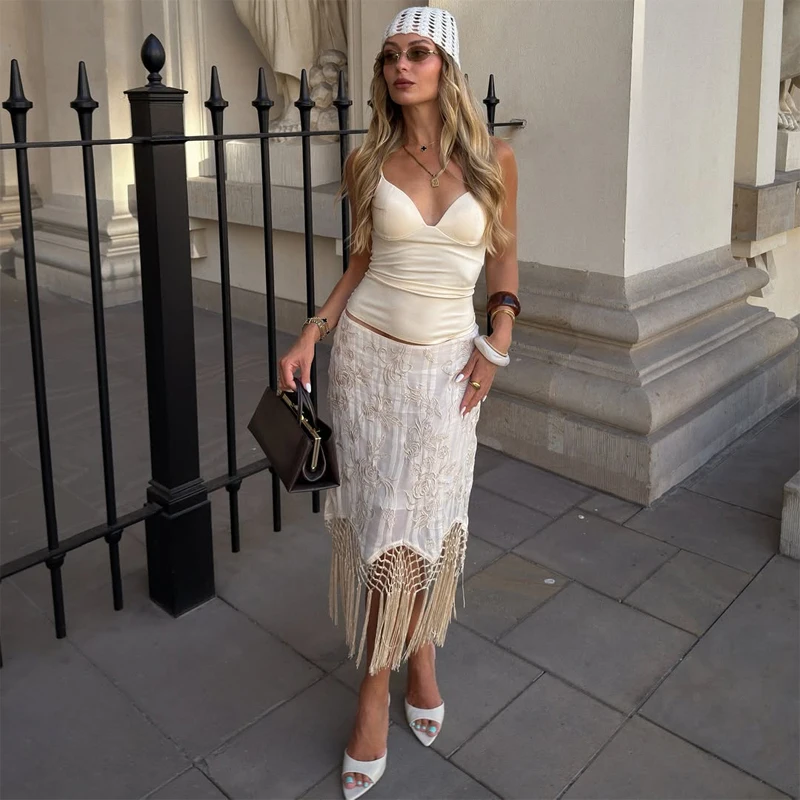 Eleganttassel Embroidered Hem Skirts Women Fashion Mesh Hollow Out Short Kilts 20265 Chic Summer New Female Beach Holiday Skirt