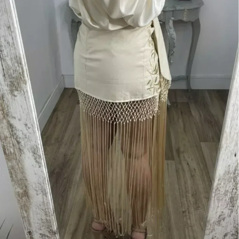 Eleganttassel Embroidered Hem Skirts Women Fashion Mesh Hollow Out Short Kilts 20265 Chic Summer New Female Beach Holiday Skirt
