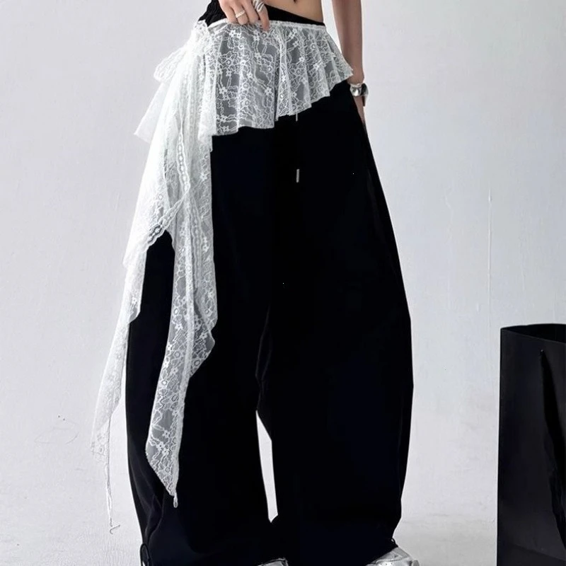 Jeans Pants Decor Embroidered Flower Lace Mini Skirt Irregular See Through Ruched Skirts High Waist Harajuku Pleated Skirts