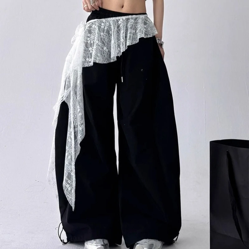 Jeans Pants Decor Embroidered Flower Lace Mini Skirt Irregular See Through Ruched Skirts High Waist Harajuku Pleated Skirts