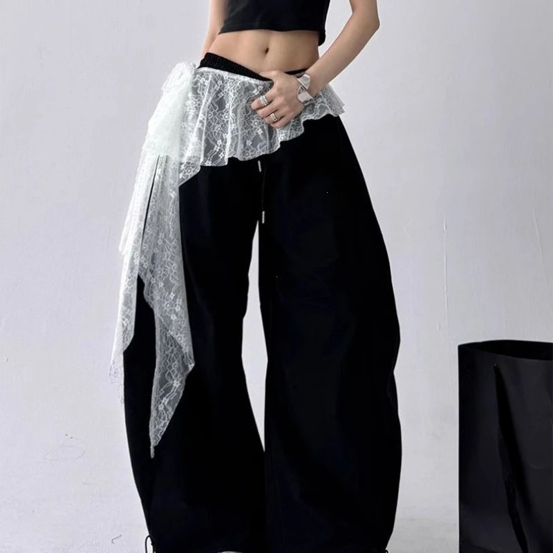 Jeans Pants Decor Embroidered Flower Lace Mini Skirt Irregular See Through Ruched Skirts High Waist Harajuku Pleated Skirts