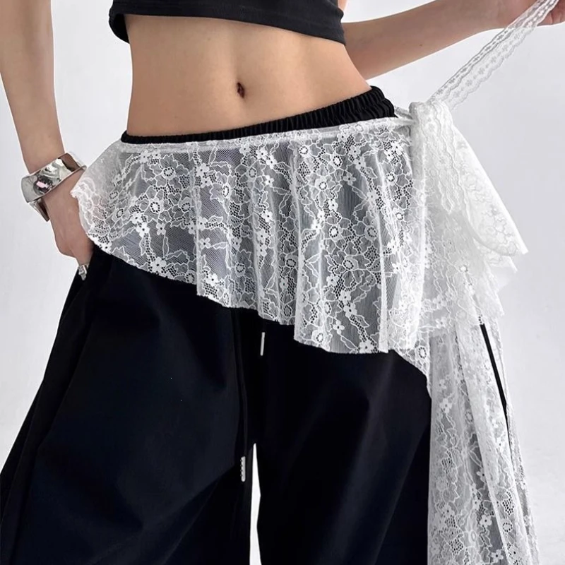 Jeans Pants Decor Embroidered Flower Lace Mini Skirt Irregular See Through Ruched Skirts High Waist Harajuku Pleated Skirts