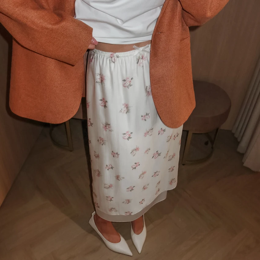 Linad Vintage Loose Print Long Skirts Woman 2026 Street Chic Mesh High Waist Straight Skirts Summer Casual Bows Skirt Female