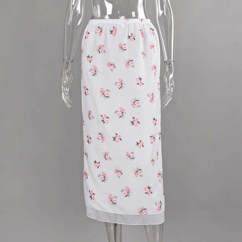 Linad Vintage Loose Print Long Skirts Woman 2026 Street Chic Mesh High Waist Straight Skirts Summer Casual Bows Skirt Female