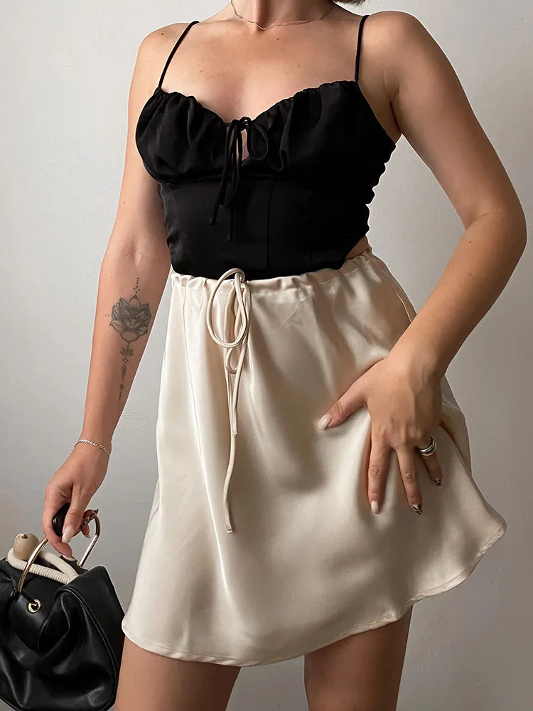 Satin Mini Skirts Women Summer Beige Silk Short Skirt For Woman Drawstring High Waist Black Satin Skirt A Line Women Short 2026