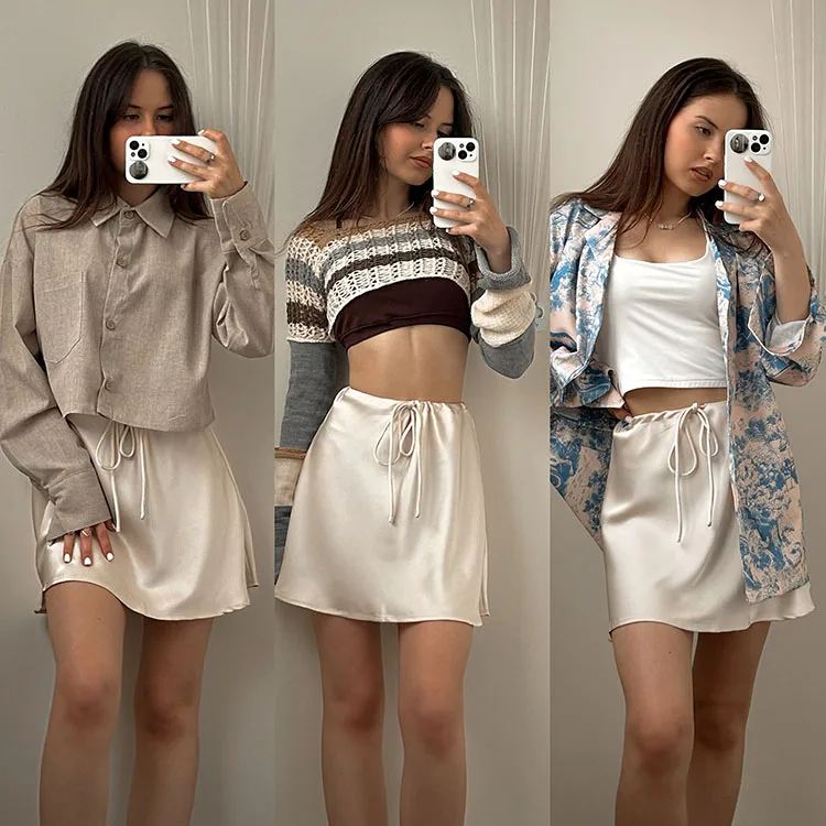 Satin Mini Skirts Women Summer Beige Silk Short Skirt For Woman Drawstring High Waist Black Satin Skirt A Line Women Short 2026