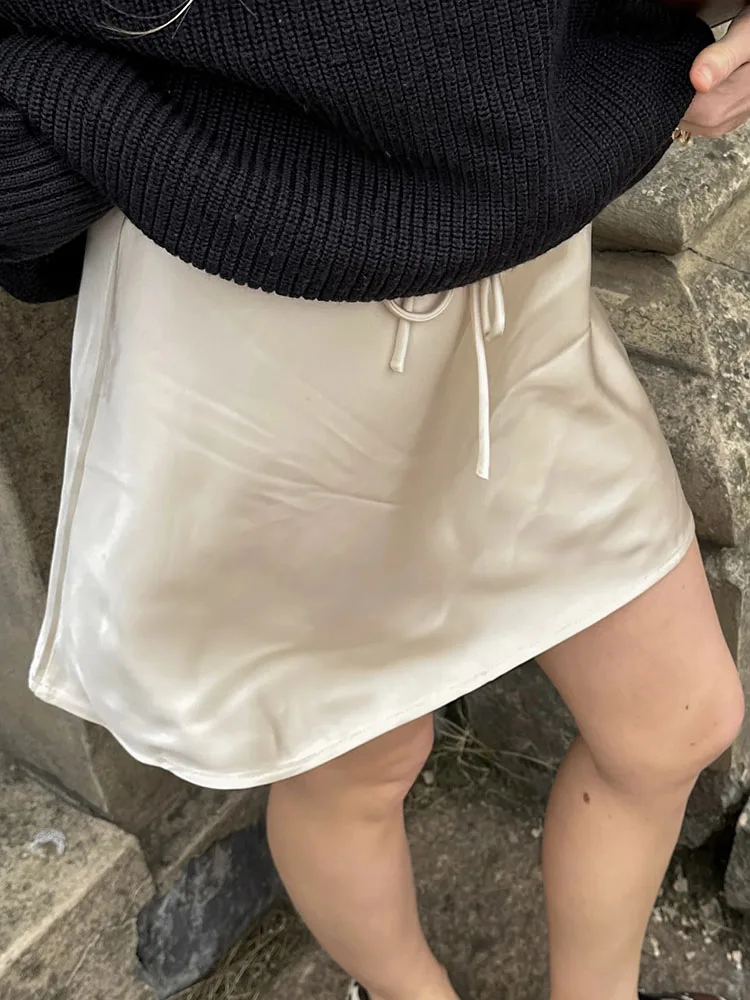 Satin Mini Skirts Women Summer Beige Silk Short Skirt For Woman Drawstring High Waist Black Satin Skirt A Line Women Short 2026