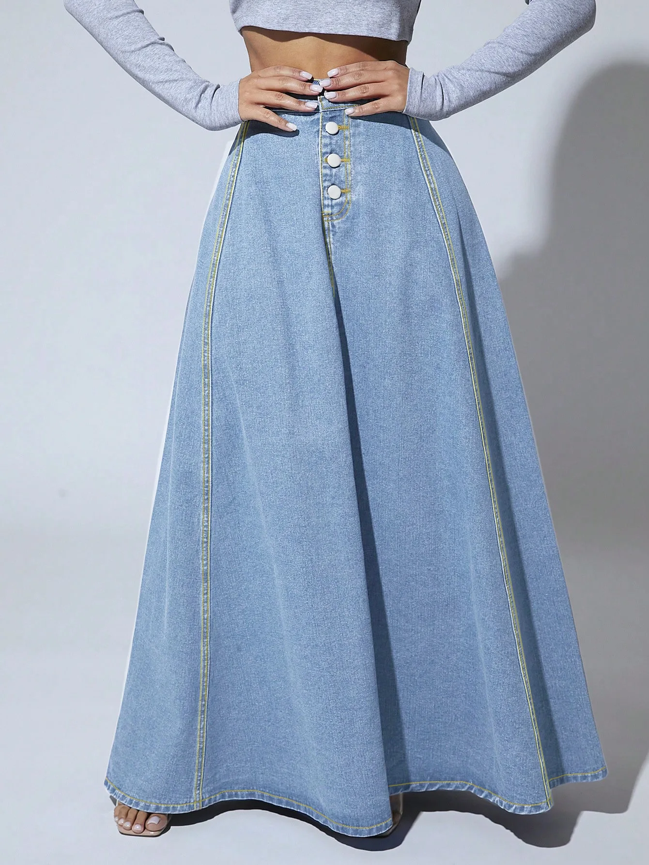 Denim Skirts Women Long Skirt A Line Single Breasted High Waist Jeans Vintage Maxi Simple Casual Elegant Splice Y2k Streetwear