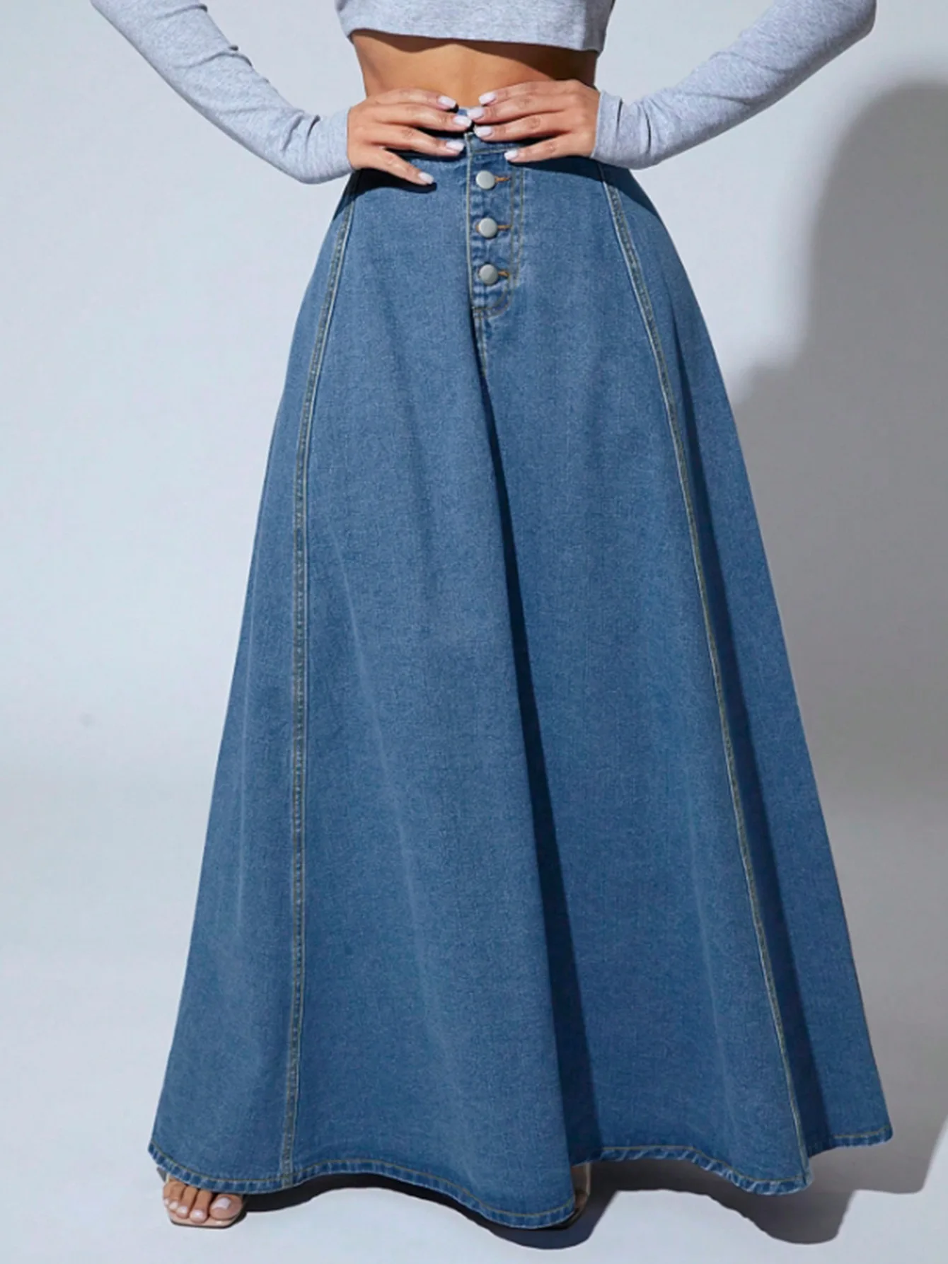 Denim Skirts Women Long Skirt A Line Single Breasted High Waist Jeans Vintage Maxi Simple Casual Elegant Splice Y2k Streetwear