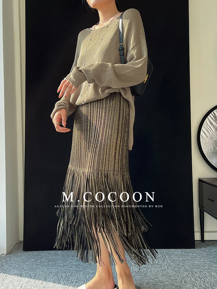 Miyake Pleated 2025 Autumn New Fringed And Gold-embossed Skirt, a Niche, Flowing And Form-fitting Dress