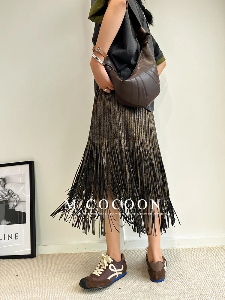 Miyake Pleated 2025 Autumn New Fringed And Gold-embossed Skirt, a Niche, Flowing And Form-fitting Dress