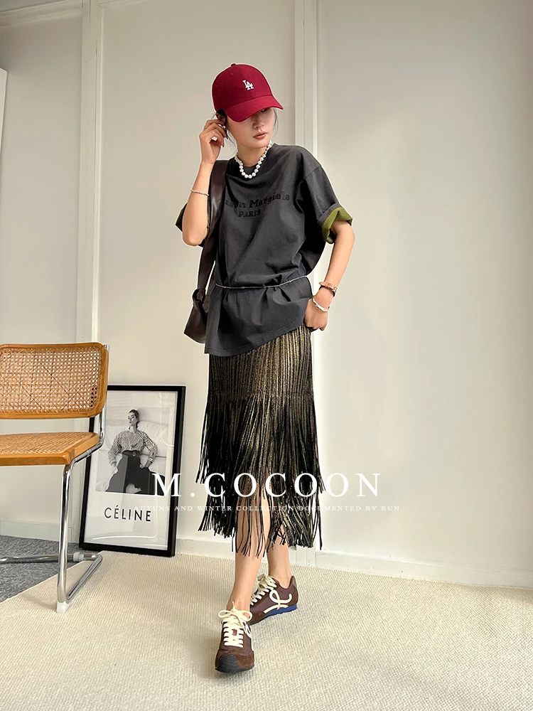 Miyake Pleated 2025 Autumn New Fringed And Gold-embossed Skirt, a Niche, Flowing And Form-fitting Dress