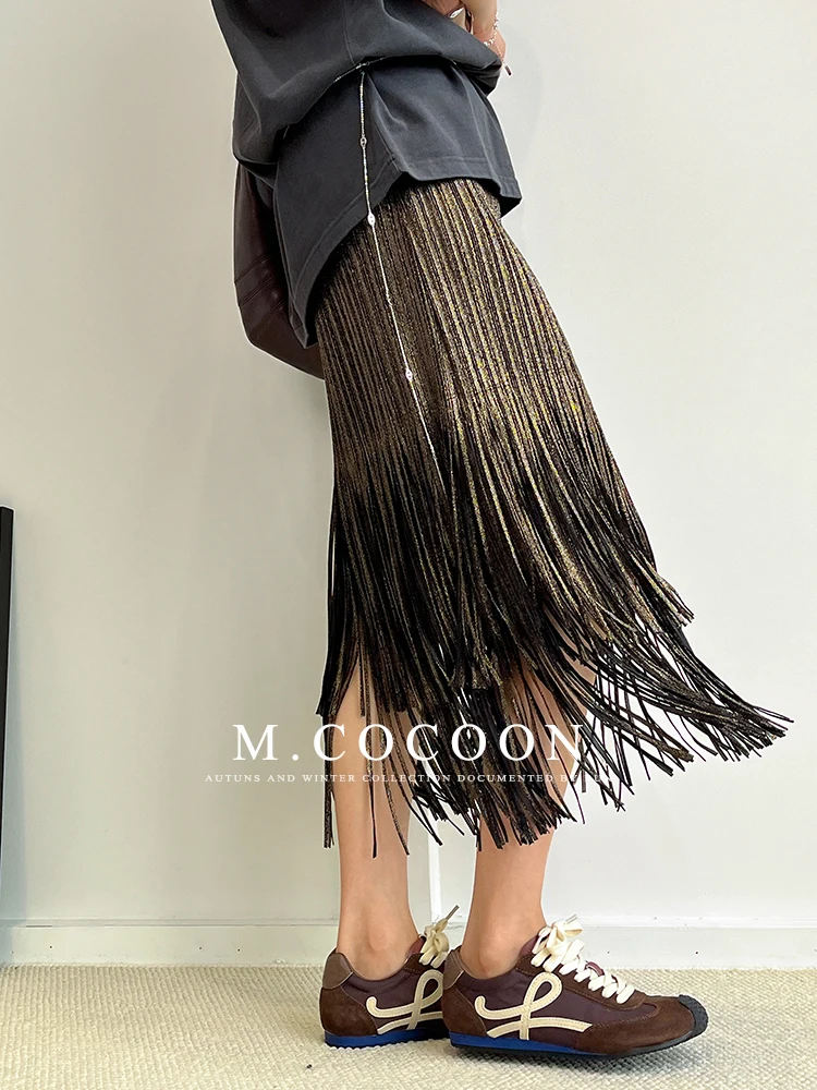 Miyake Pleated 2025 Autumn New Fringed And Gold-embossed Skirt, a Niche, Flowing And Form-fitting Dress