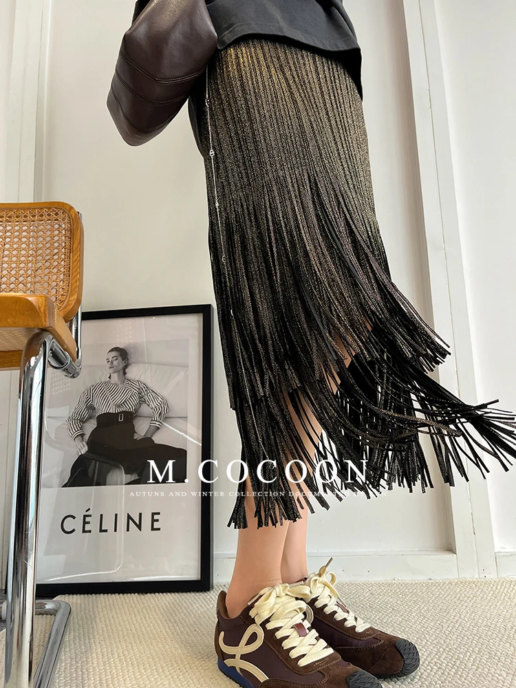 Miyake Pleated 2025 Autumn New Fringed And Gold-embossed Skirt, a Niche, Flowing And Form-fitting Dress