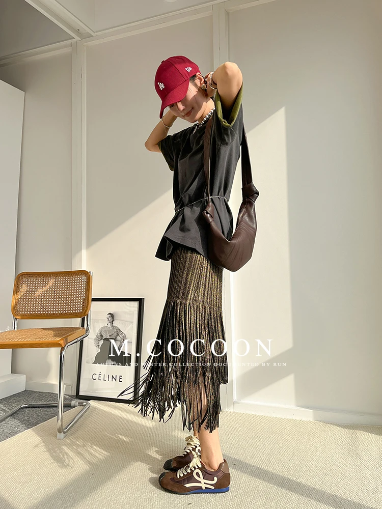 Miyake Pleated 2025 Autumn New Fringed And Gold-embossed Skirt, a Niche, Flowing And Form-fitting Dress