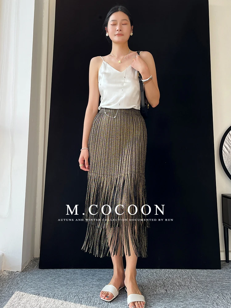 Miyake Pleated 2025 Autumn New Fringed And Gold-embossed Skirt, a Niche, Flowing And Form-fitting Dress