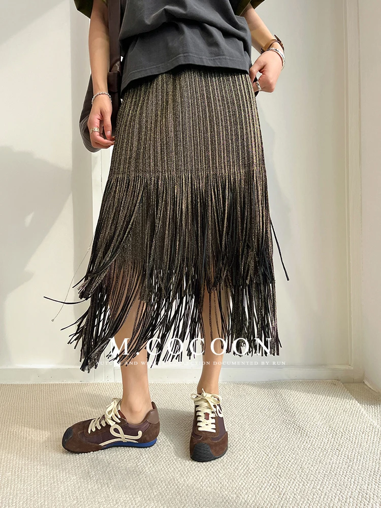 Miyake Pleated 2025 Autumn New Fringed And Gold-embossed Skirt, a Niche, Flowing And Form-fitting Dress