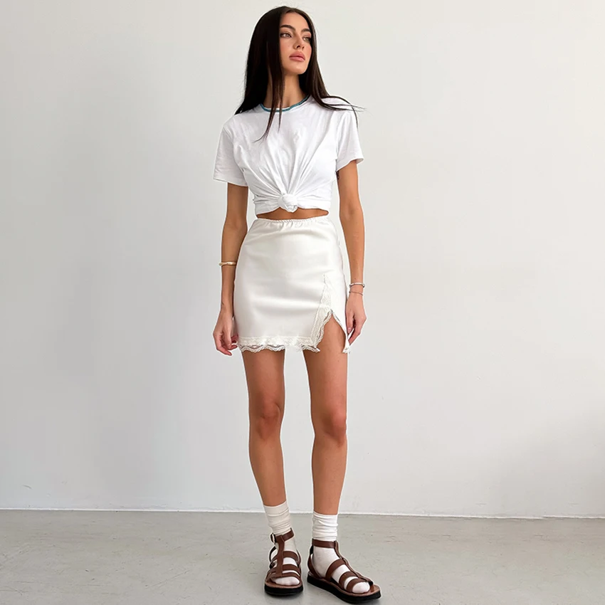 Linad Elegant Satin Embroidery Pencil Skirts Summer Sexy High Waist Split Mini Skirts For Women Fashion Slim Skirt Female 2025