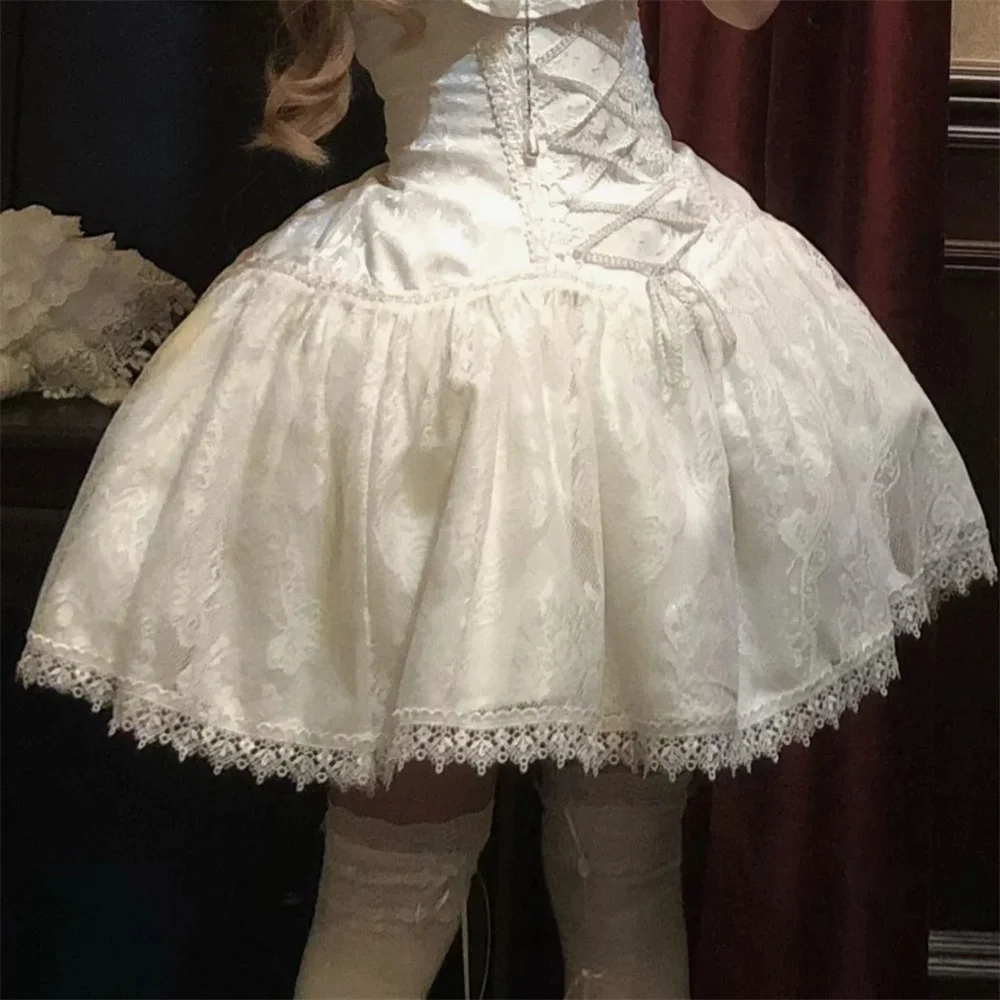 2025 Lolita Subculture Black White Short SK Lace Skirt High Waist Lace Up Girls Birthday Gothic Victorian Cosplay Party Skirts