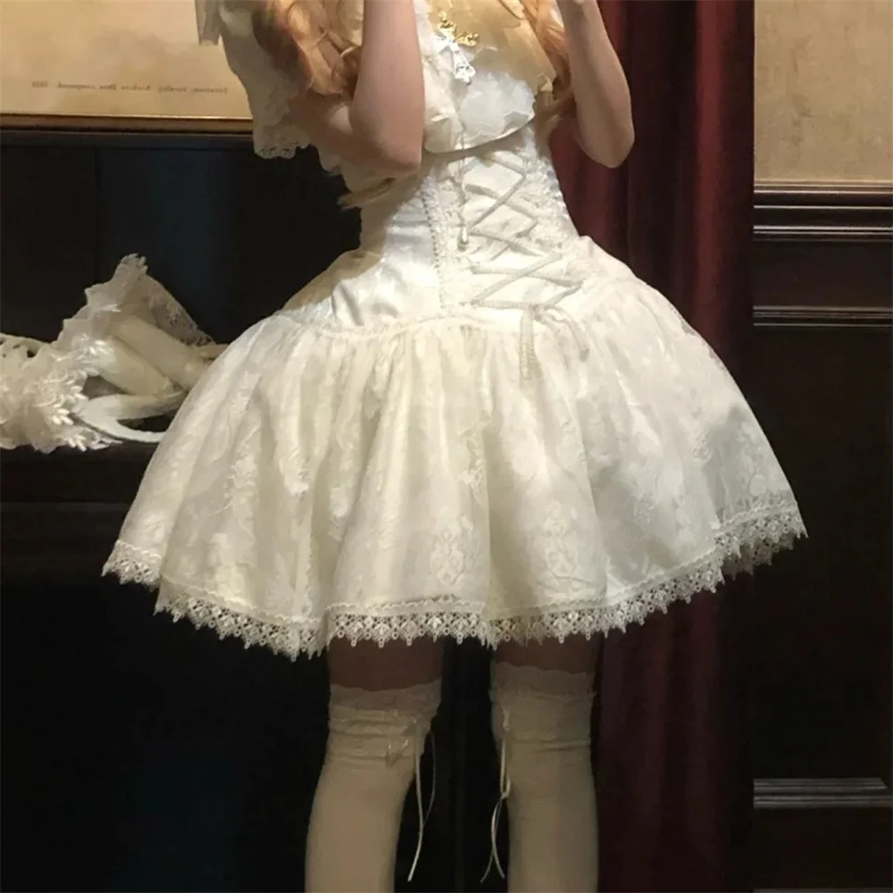 2025 Lolita Subculture Black White Short SK Lace Skirt High Waist Lace Up Girls Birthday Gothic Victorian Cosplay Party Skirts