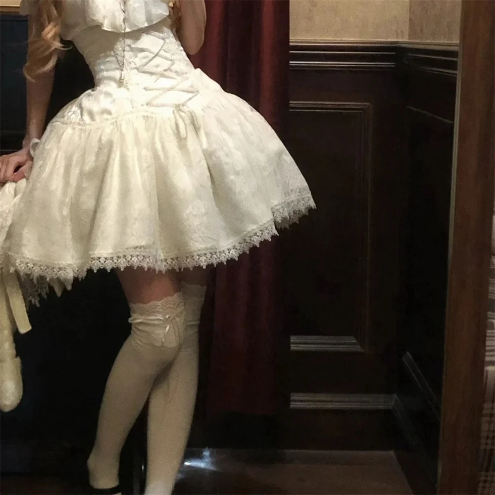 2025 Lolita Subculture Black White Short SK Lace Skirt High Waist Lace Up Girls Birthday Gothic Victorian Cosplay Party Skirts