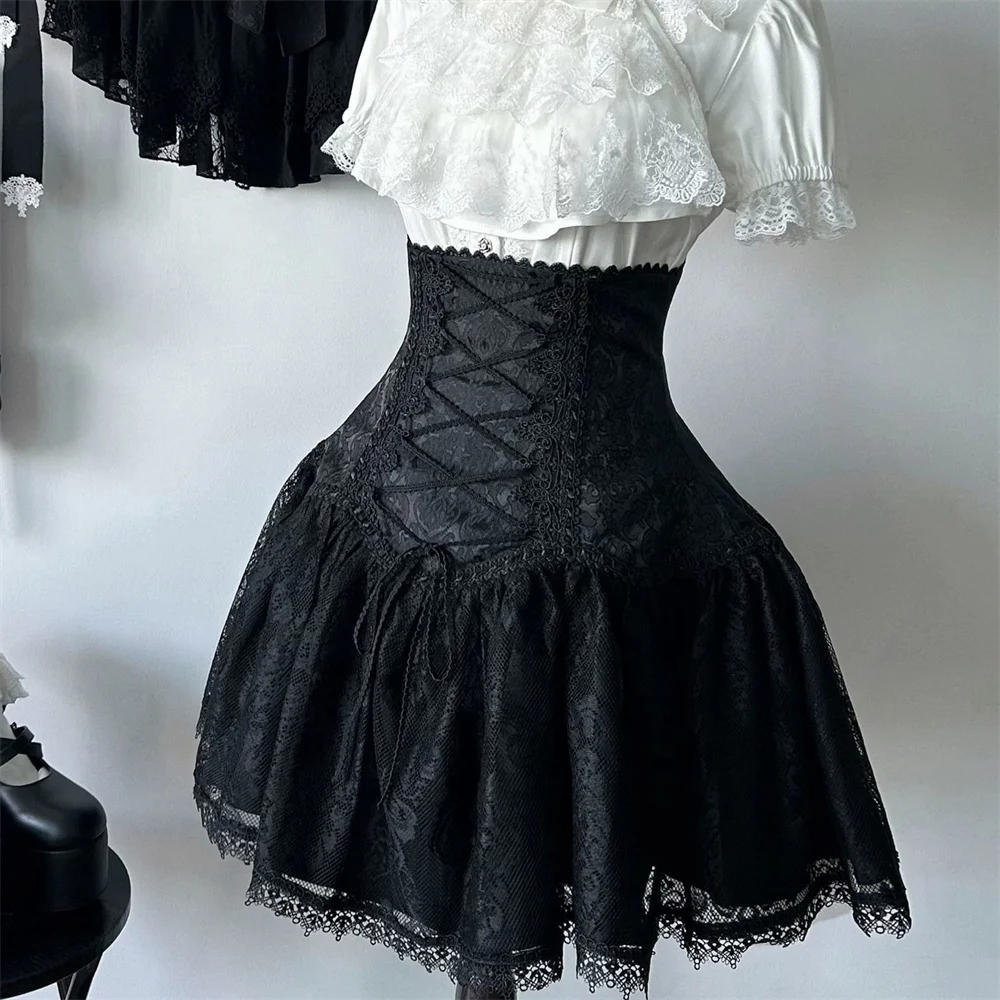 2025 Lolita Subculture Black White Short SK Lace Skirt High Waist Lace Up Girls Birthday Gothic Victorian Cosplay Party Skirts