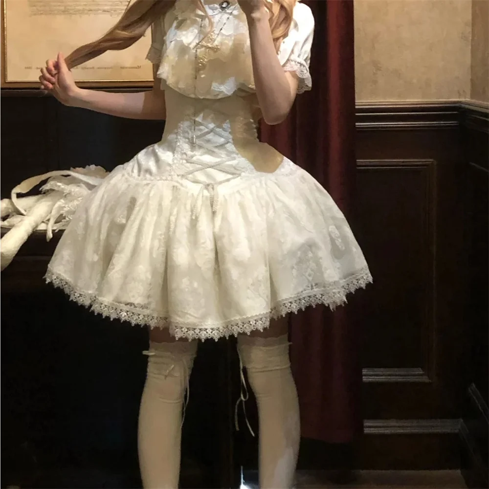 2025 Lolita Subculture Black White Short SK Lace Skirt High Waist Lace Up Girls Birthday Gothic Victorian Cosplay Party Skirts
