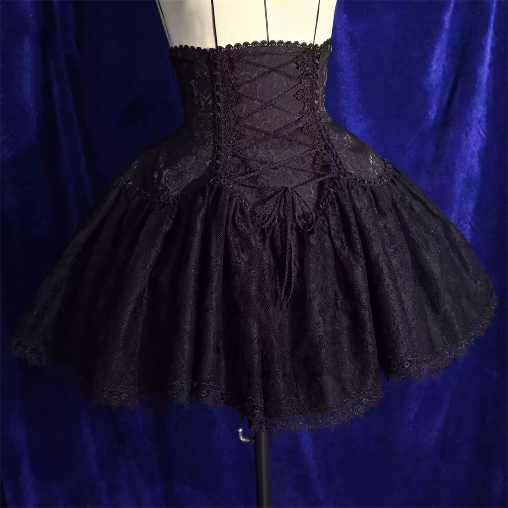 2025 Lolita Subculture Black White Short SK Lace Skirt High Waist Lace Up Girls Birthday Gothic Victorian Cosplay Party Skirts